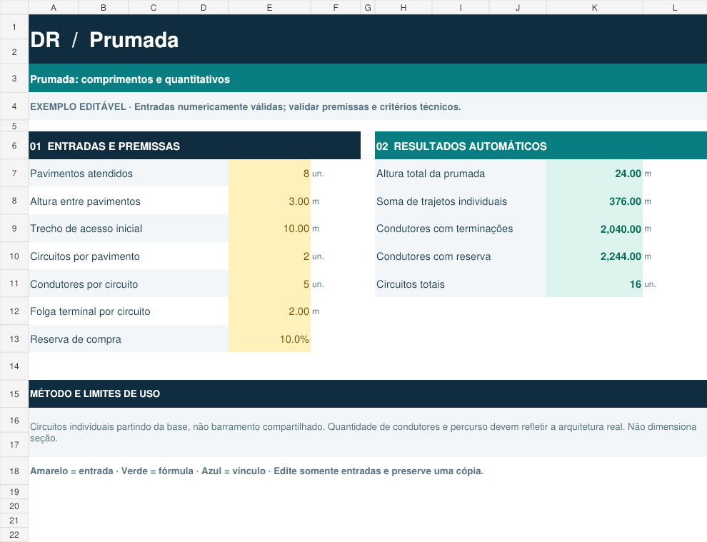 Planilha real DR PROFISSIONAL — Prumada e quantitativos, com entradas, fórmulas e limitações visíveis