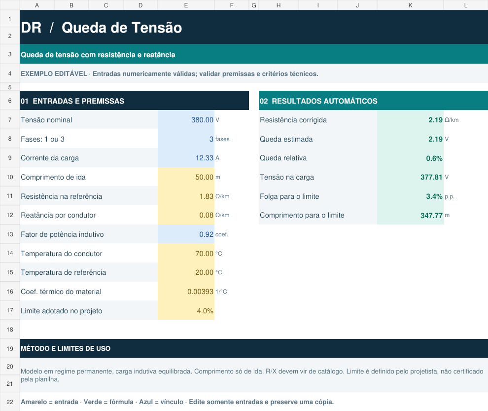 Planilha real DR PROFISSIONAL — Queda de tensão, com entradas, fórmulas e limitações visíveis