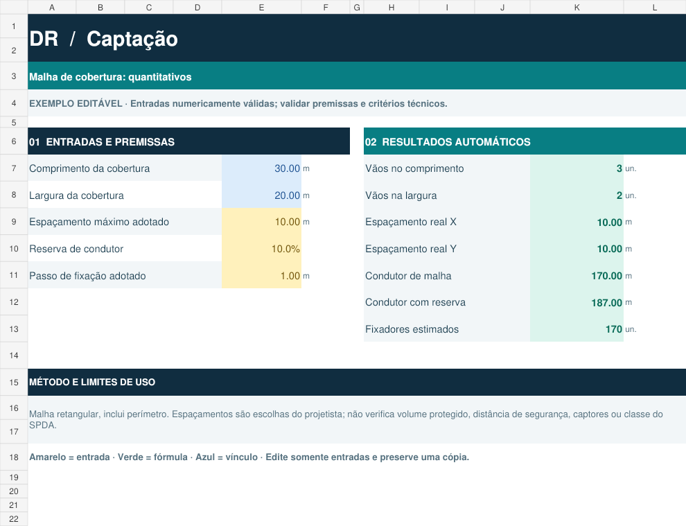 Planilha real DR PROFISSIONAL — Quantitativos de captação, com entradas, fórmulas e limitações visíveis
