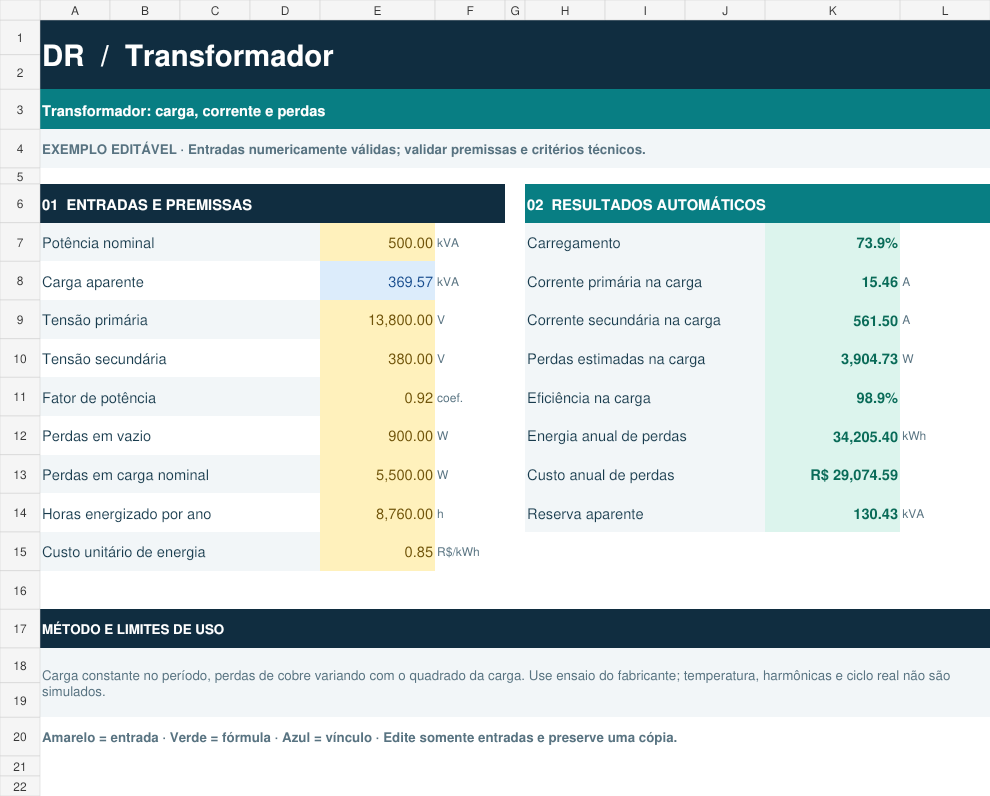Planilha real DR PROFISSIONAL — Transformador, com entradas, fórmulas e limitações visíveis